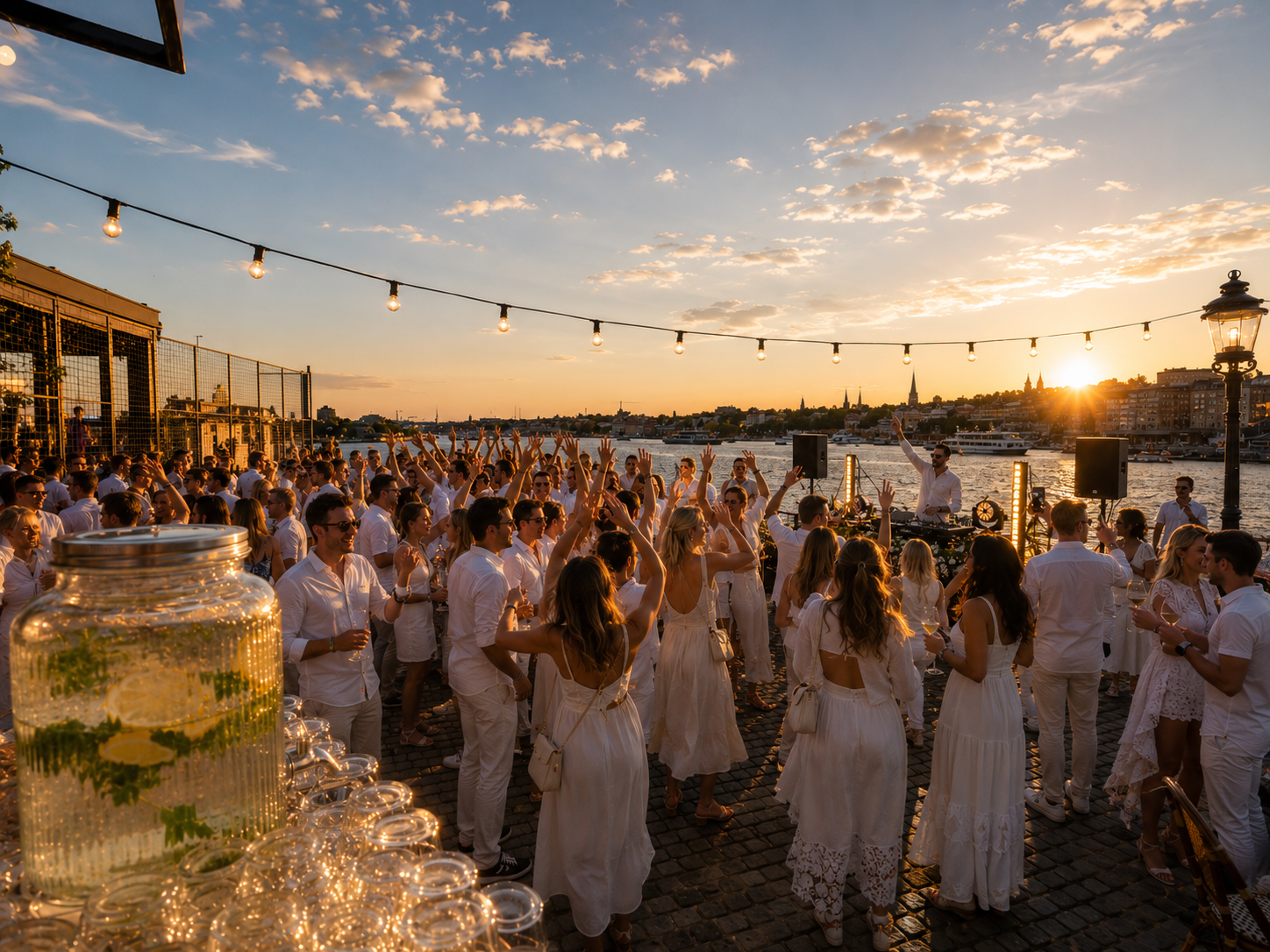Midsummer All White Party på Tullhus 3 vid Skeppsbron, Stockholm — solnedgång över vattnet